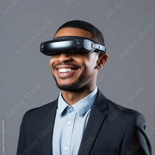 Businessman wearing an extended reality, xr, headset isolated against a modern background. Shoot on the theme of augmented reality, virtual reality and mixed reality