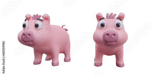 Pink cute pig in different positions. Cartoon animal character for farm online game. Funny animals emotions. Toy for kids. Vector illustration in 3D style