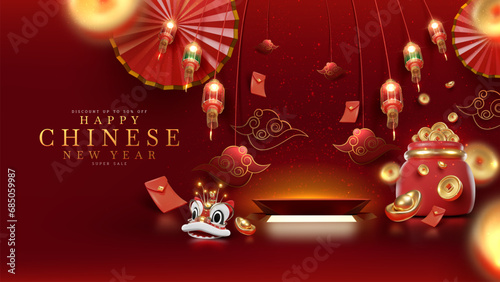 Red luxury background with product display podium element with 3d realistic chinese new year ornament and glitter light effect decoration and bokeh. Vector illustration.
