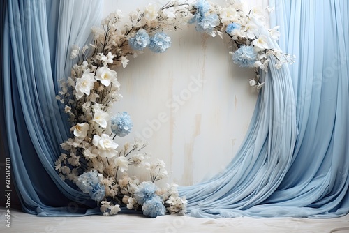 Maternity backdrop, wedding backdrop, photography background, maternity props, Light hoop weaved with blue flowers, white flowers, elegant wall background, flowing white satin drape, backdrop, 