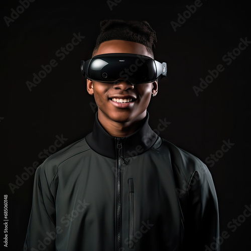 Portrait of a young man wearing an extended reality  xr  headset isolated against a black background. Shoot on the theme of augmented reality  virtual reality and mixed reality