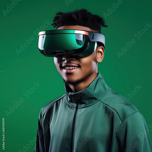 Portrait of a young man wearing an extended reality, xr, headset isolated against a modern green background. Shoot on the theme of augmented reality, virtual reality and mixed reality © Goodwave Studio