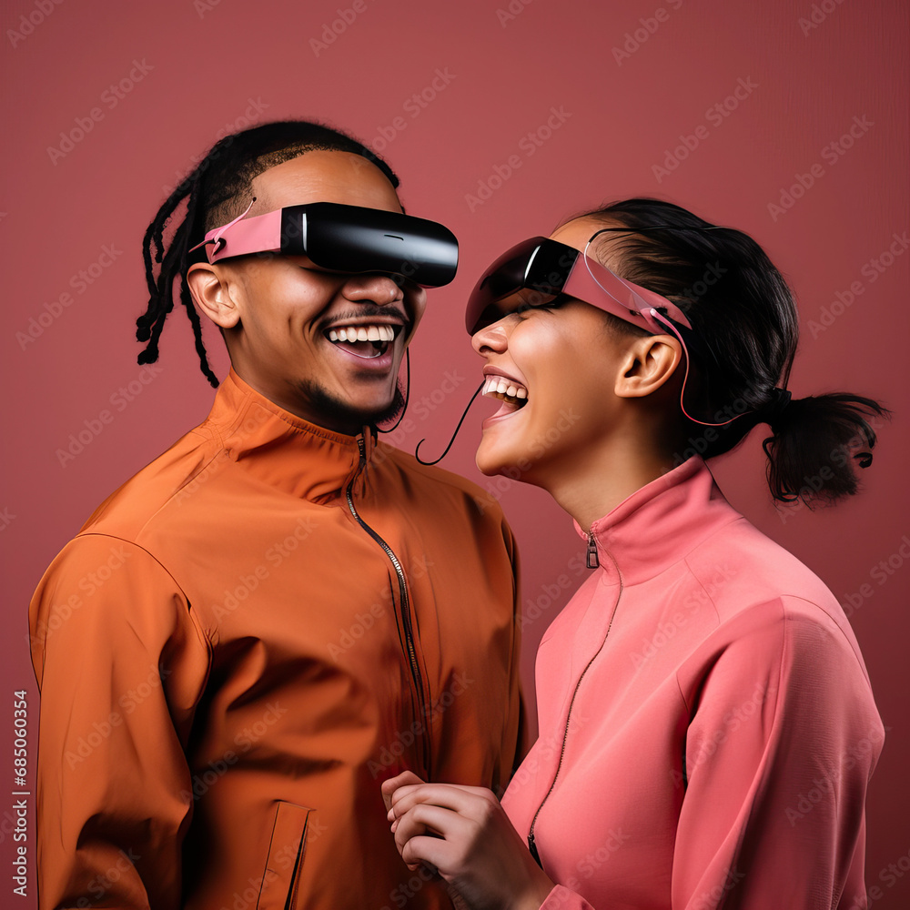 Couple laughing while wearing extended reality headsets in a studio setting. Modern coral isolated background. Technological romance encompassing augmented reality, virtual reality, and mixed reality
