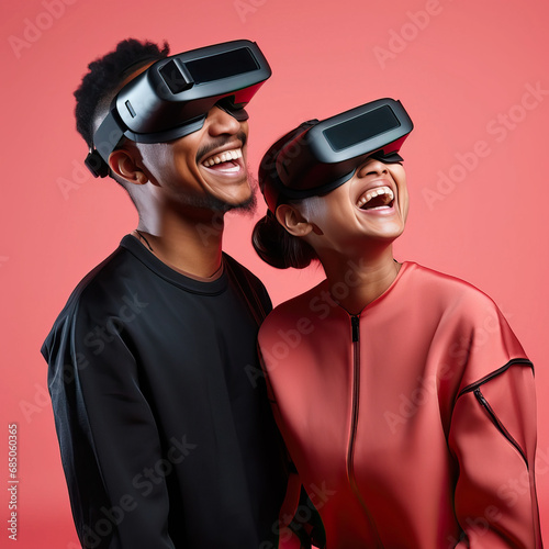 Couple laughing while wearing extended reality headsets in a studio setting. Modern coral isolated background. Technological romance encompassing augmented reality, virtual reality, and mixed reality