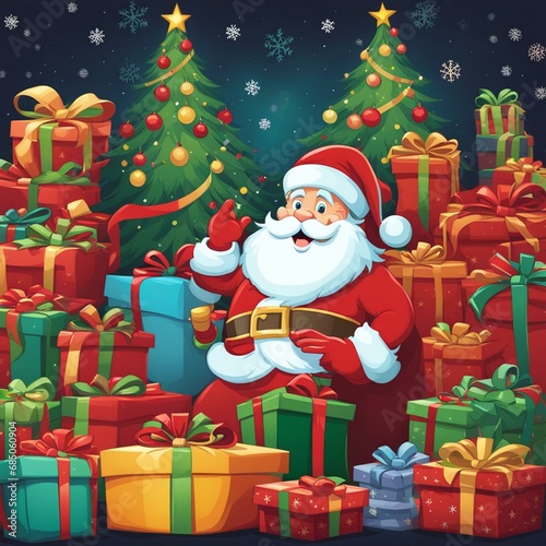 Cute cartoon santa and elves surrounded by presents christmas theme