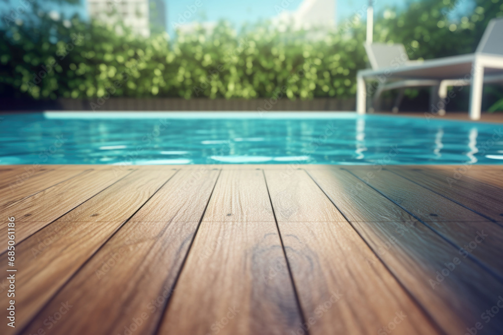 Wooden surface with a blurred background of a swimming pool. Generative AI