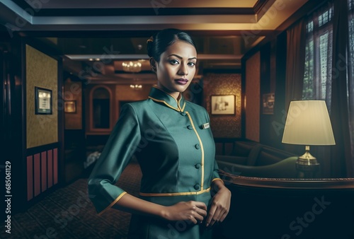 Charming indian hotel staff. Person travel smiling adult service. Generate Ai photo