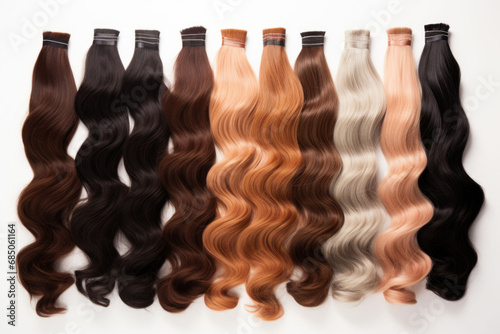 Multicolor human hair extension bundles collection. AI generated photo