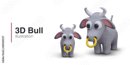 Realistic bull in different positions. Big and small animal with nose ring in gray colors. Vector illustration in 3D style with place for text and white background