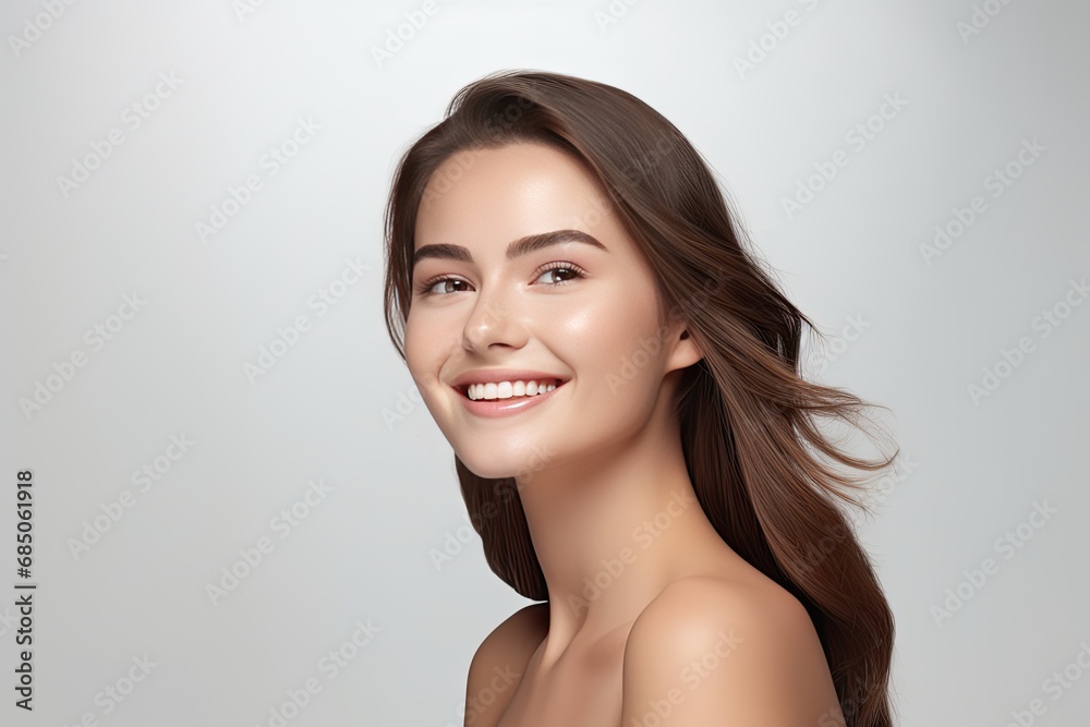 Portrait of a happy, confident, and healthy Caucasian woman with glowing skin and positivity. Generative AI