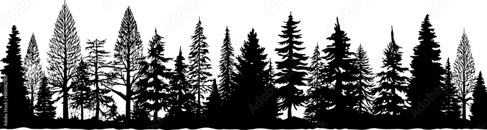 Silhouettes of coniferous spruce fir trees set in a horizontal arrangement, placed on a transparent background. Generative AI