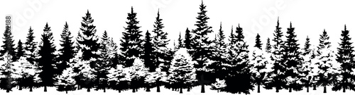 Set of horizontal silhouettes of coniferous spruce fir trees, portrayed on a transparent background. Generative AI photo