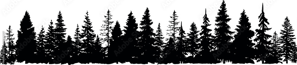 Obraz premium A horizontal set of silhouettes depicting coniferous fir trees on a transparent background, showcasing their distinctive spruce-like appearance. Generative AI