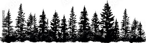 Set of coniferous spruce trees silhouettes, creating a horizontal arrangement. Perfect for adding a touch of nature to any design. Generative AI photo