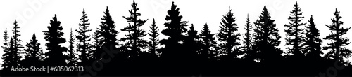 A collection of horizontal silhouettes featuring coniferous spruce trees on a transparent background. The set showcases the elegant forms of fir trees. Generative AI
