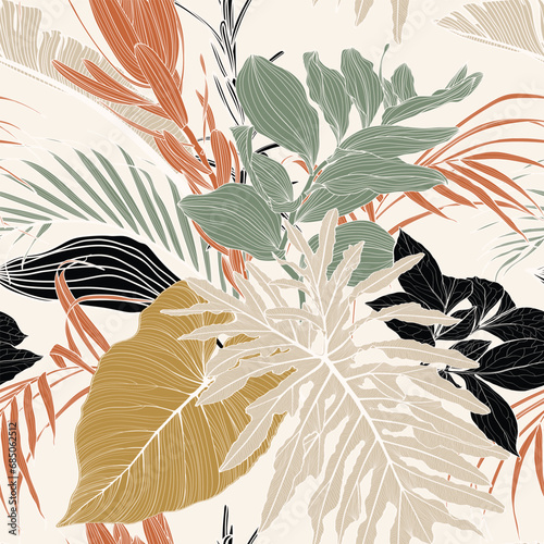 Seamless tropical pattern with colorful leaves and plants. Seamless exotic pattern with tropical plants. Exotic wallpaper. Trendy summer Hawaii print.