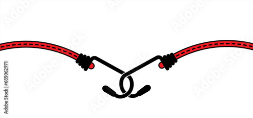 Drawing cartoon, elastic with hook. Cord with Hooks. Bungee spider sign. Rope icon. For Braided elastic strap with hooks. Elastic band. Bungee cords. Rubber strap with steel hooks. For car or bike.
