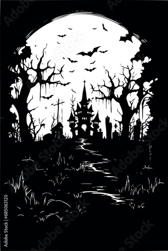 Simple yet terrifying black and white silhouette of a haunting cartoon sketch, captivated in pure intensity. Generative AI