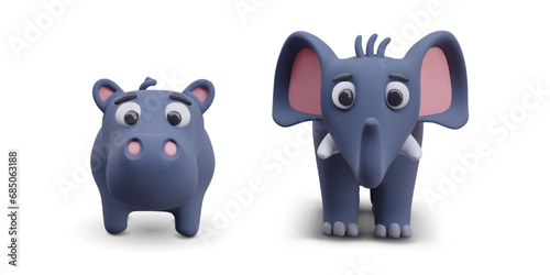 Front view on realistic cute African toys. Hippopotamus and big elephant toys in blue colors. Models for toy store. Vector illustration in 3D style on white background