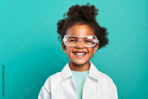 Cheerful african american girl dressed as a scientist, bright solid color background photo