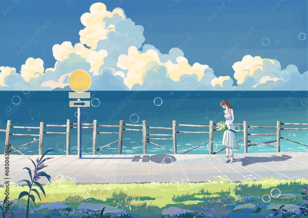 Φωτογραφία anime girl on the beach enjoying landscape with lake and clouds original illustr