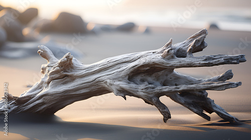 Fantasy shaped driftwood on a beach in susnet, The ice on the lake fractured, driftwood on the beach, Dead tree by lake Superior shore line with sunset background     © Muhammad