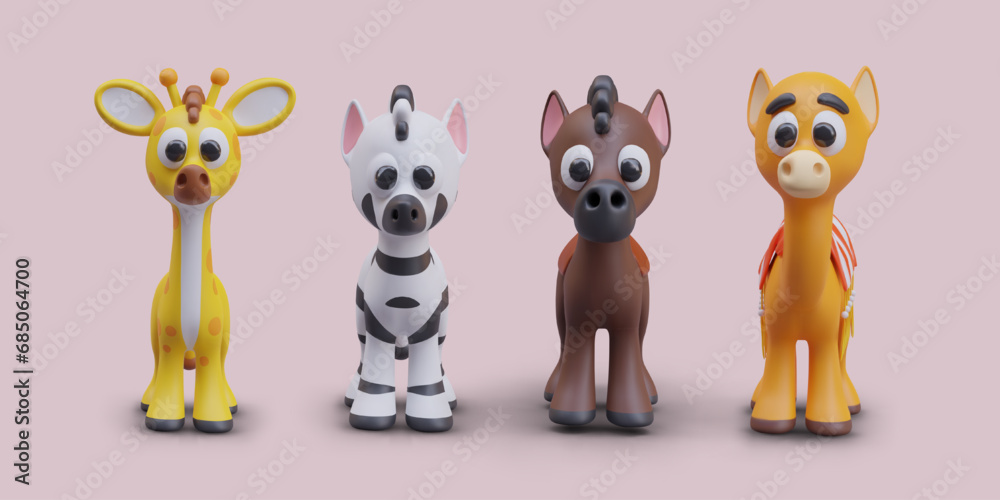 Naklejka premium Collection with cute African animals in cartoon style. Realistic yellow giraffe, zebra, cute horse, and camel for transporting people through desert. Vector illustration in 3D style