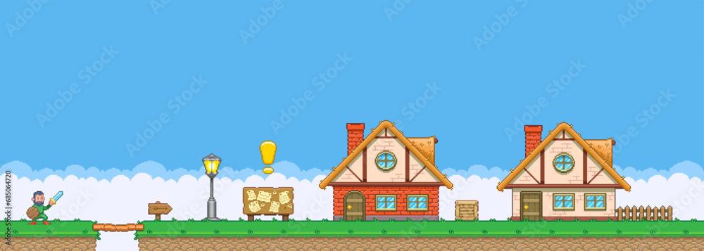 8bit colorful simple vector pixel art horizontal illustration of cartoon hero with sword and shield approaches the quest village in retro video game platformer level style