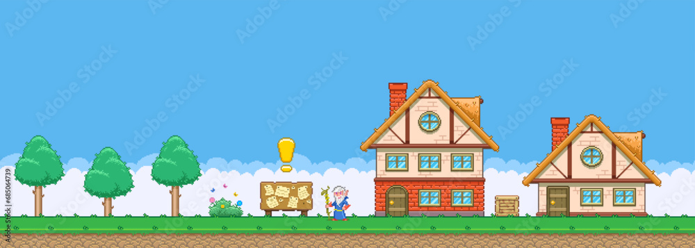 8bit colorful simple vector pixel art horizontal illustration of cartoon village druid elder next to the quest bulletin board in retro video game platformer level style