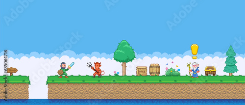 8bit colorful simple vector pixel art horizontal illustration of cartoon hero fights with the devil for passage to the old wizard quest in retro video game platformer level style