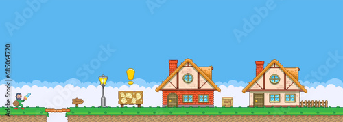 8bit colorful simple vector pixel art horizontal illustration of cartoon hero with sword and shield approaches the quest village in retro video game platformer level style