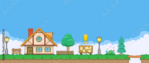 8bit colorful simple vector pixel art horizontal illustration of cartoon quest bulletin board near the house in retro video game platformer level style
