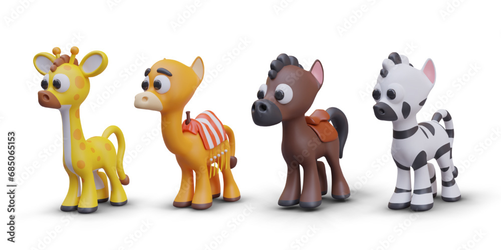 Collection with realistic giraffe, camel, and pony with seat cover, African zebra. Side view on cute animals with shadows. Vector illustration in realistic 3D style Collection with realistic giraffe, camel, and pony with seat cover, African zebra. Side view on cute animals with shadows. Vector illustration in realistic 3D style