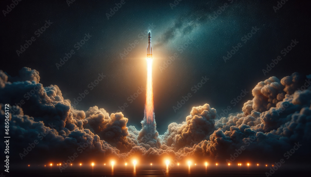 a rocket piercing through the night sky during a nocturnal launch. The images depict the dynamic and powerful moment of the rocket's ascent against a star-filled night sky.