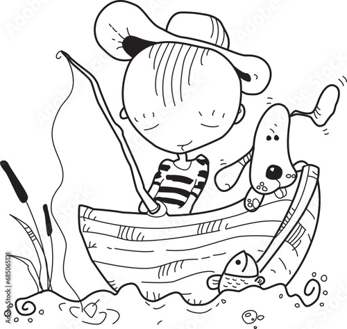 Linear vector illustration of a boy fisherman with a dog and a fishing rod is fishing in a boat.