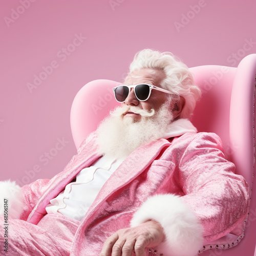 pink santa claus on a pink sleigh with pink sunglasses and christmas hat on a pink background