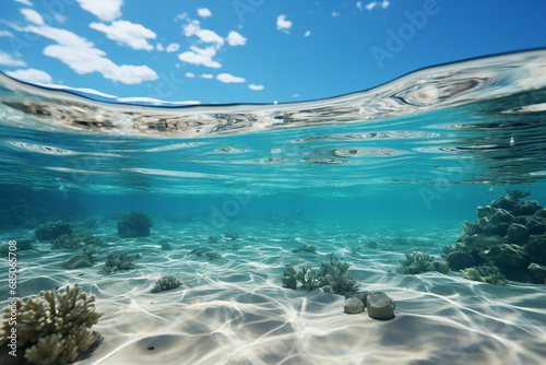 underwater view of coral reef with water surface and blue sky background