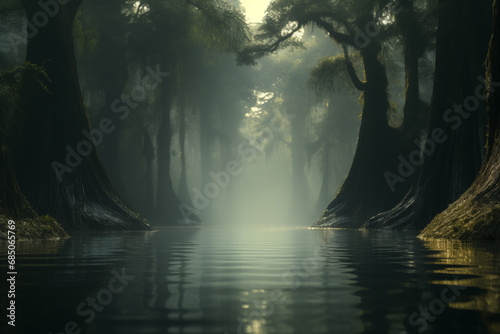 mysterious flooded forest, gloomy bayou landscape