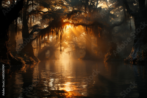 dawn landscape with river in swampy rainforest, bayou, flooded forest photo