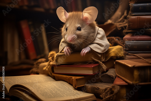 fantasy illustration, photorealistic mouse in a cassock reading an old book in the library photo