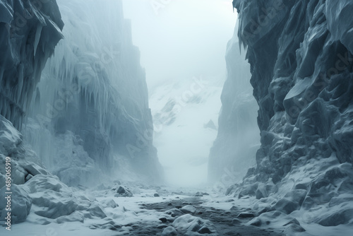 Obraz na płótnie severe winter landscape, icy canyon with frozen river