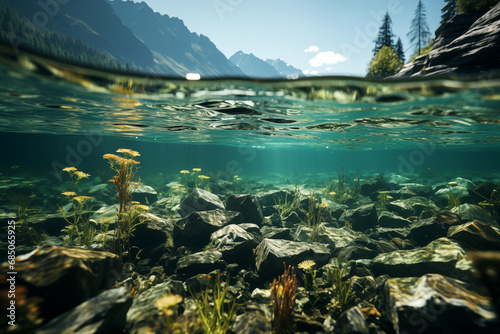underwater view of mountain river with water surface and alpine background during high water