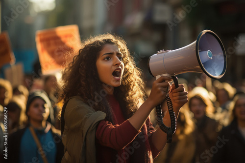 Indian woman using megaphone while speaking in the protest photo