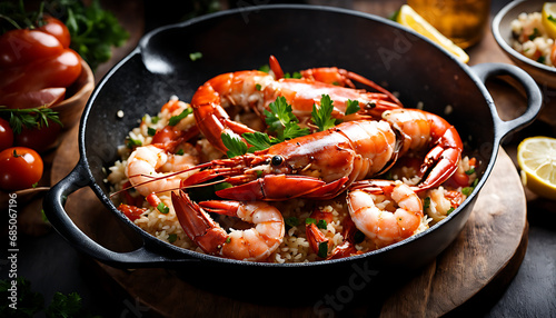 A large black skillet holds an inviting arrangement of shrimp, lobster, and crab with rice, presenting an appetizing seafood dish.