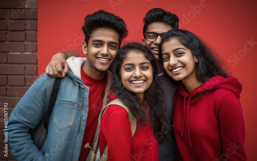 Young college student group taking selfie.
