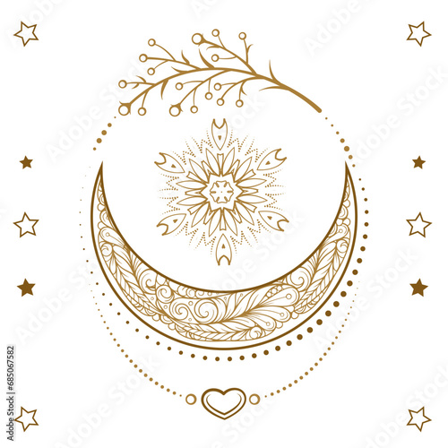 Golden crescent moon boho style illustration. Ethnic style vector graphic. photo