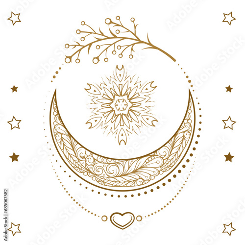Golden crescent moon boho style illustration. Ethnic style vector graphic.