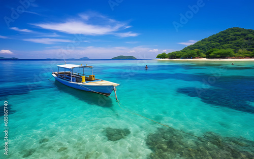 Boat near beautiful tropical island with crystal blue water