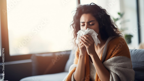 Portrait of sick young woman sneezing with tissue wrapped in knitted plaid at home
