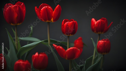 A few branches of red tulips with a black background